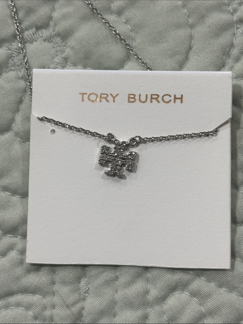 Tory Burch Silver Crystal Logo Pendant Necklace